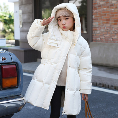女童中大童白色连帽中长款羽绒服
