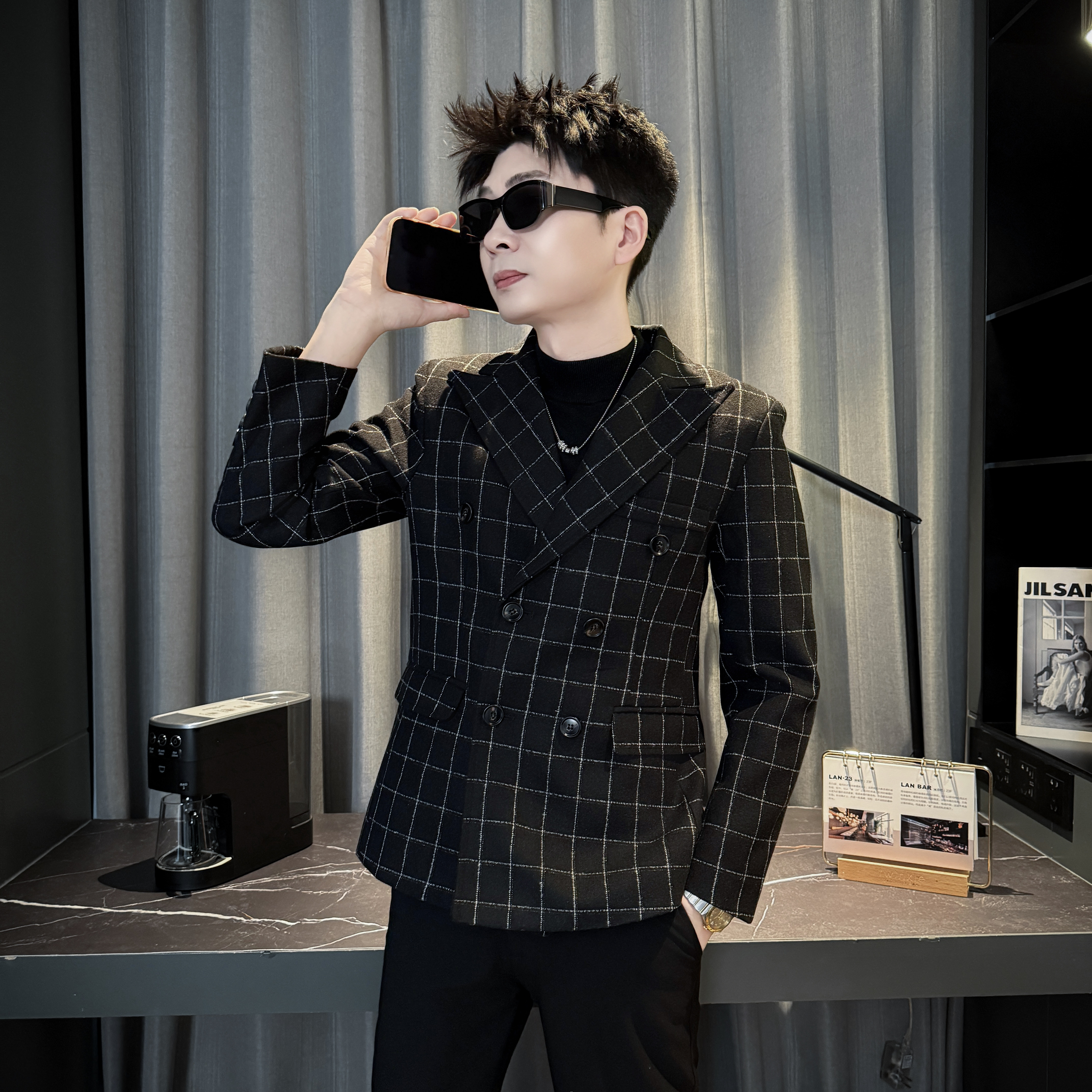 秋冬小码男韩版修身格子西服