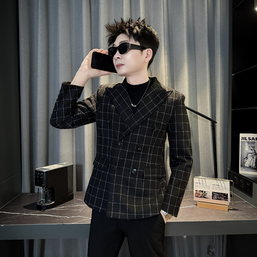 秋冬小码男韩版修身格子西服