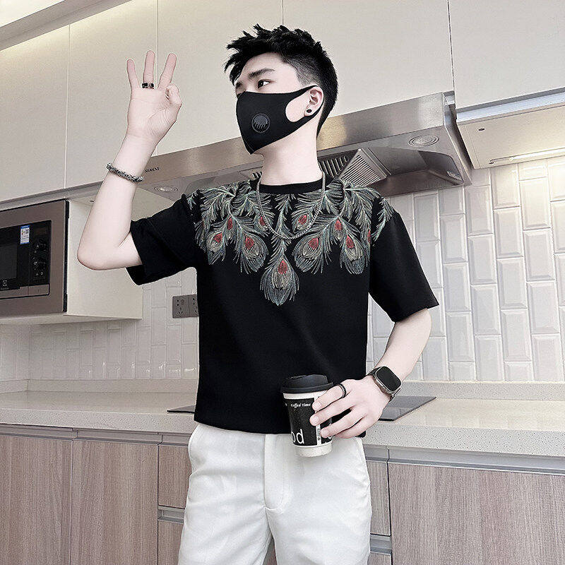 矮小个子潮流羽毛印花短袖T恤男修身S号XS码半截袖打底衫小码体恤