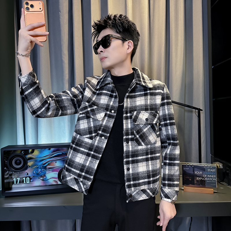 S号小个子男格子修身呢子夹克