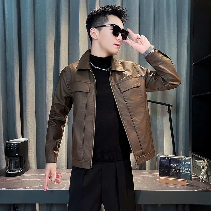 小码男装修身短款翻领皮衣