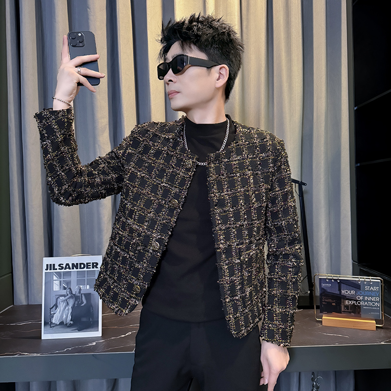 小码男装潮流格纹夹克秋冬短款