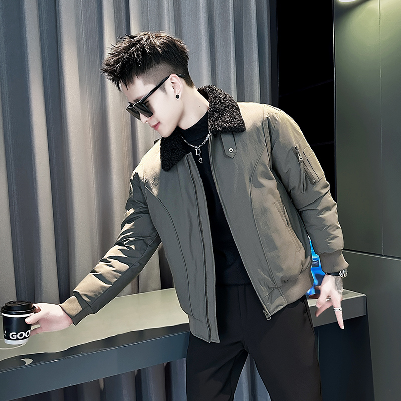 冬季小个子男加厚毛领修身棉服