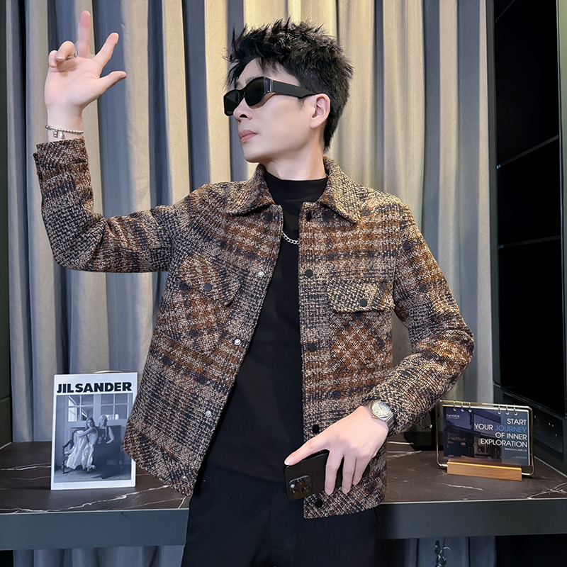 小码男装复古格纹毛呢夹克