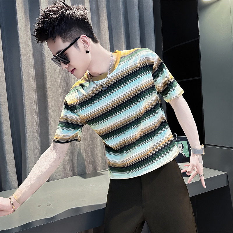 矮个子小码男装夏季潮流条纹短袖T恤S号XS码修身半截袖瘦人打底衫
