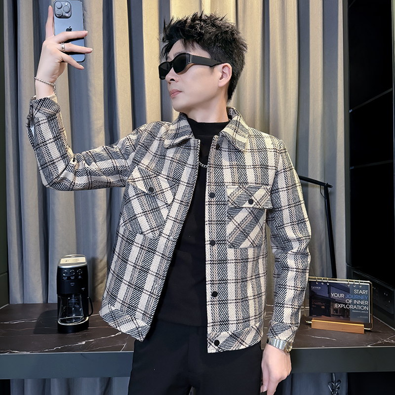 矮小个子潮流格子夹克男士修身