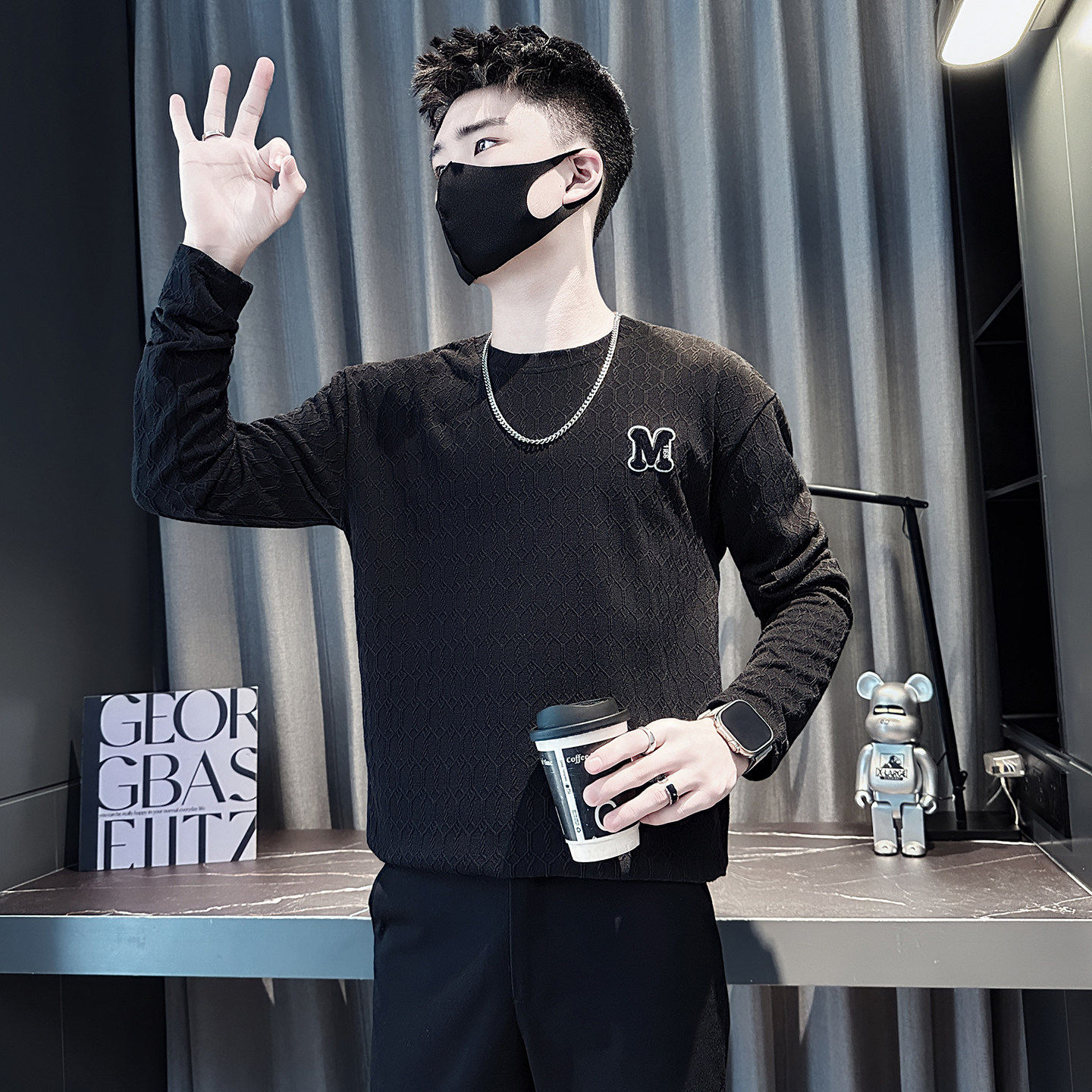 XS号小码男装秋季卫衣男长袖T恤修身短款打底衫小号155码上衣潮牌