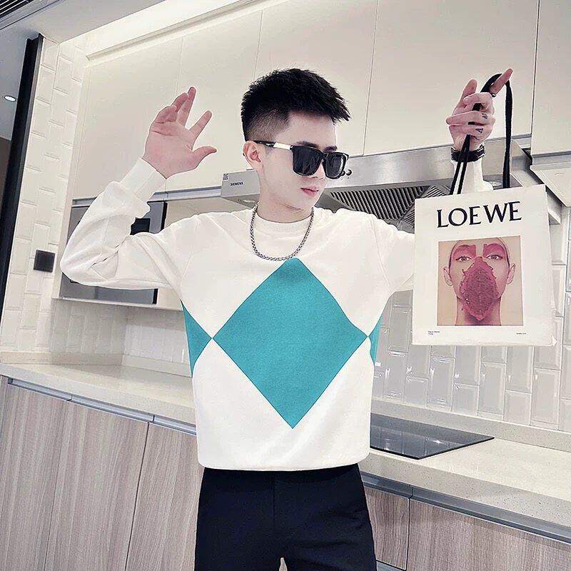 小个子潮流撞色套头卫衣男韩版修身长袖T恤S号XS155瘦人打底衫160