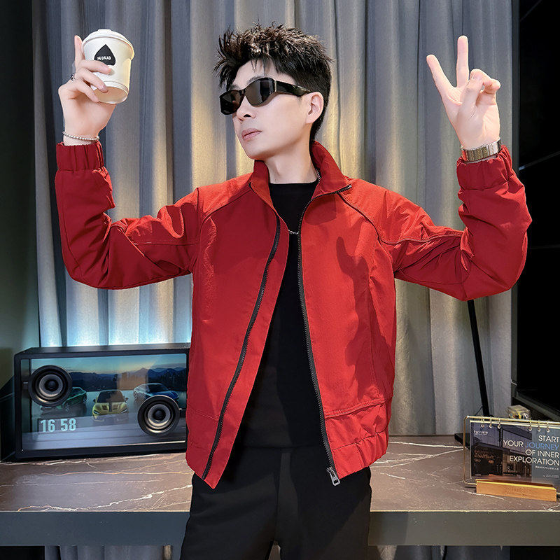 小码男韩版修身短款红色夹克