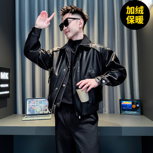 矮个子小码男装假两件拼接皮衣男加绒外套冬季XS号高级感PU皮夹克