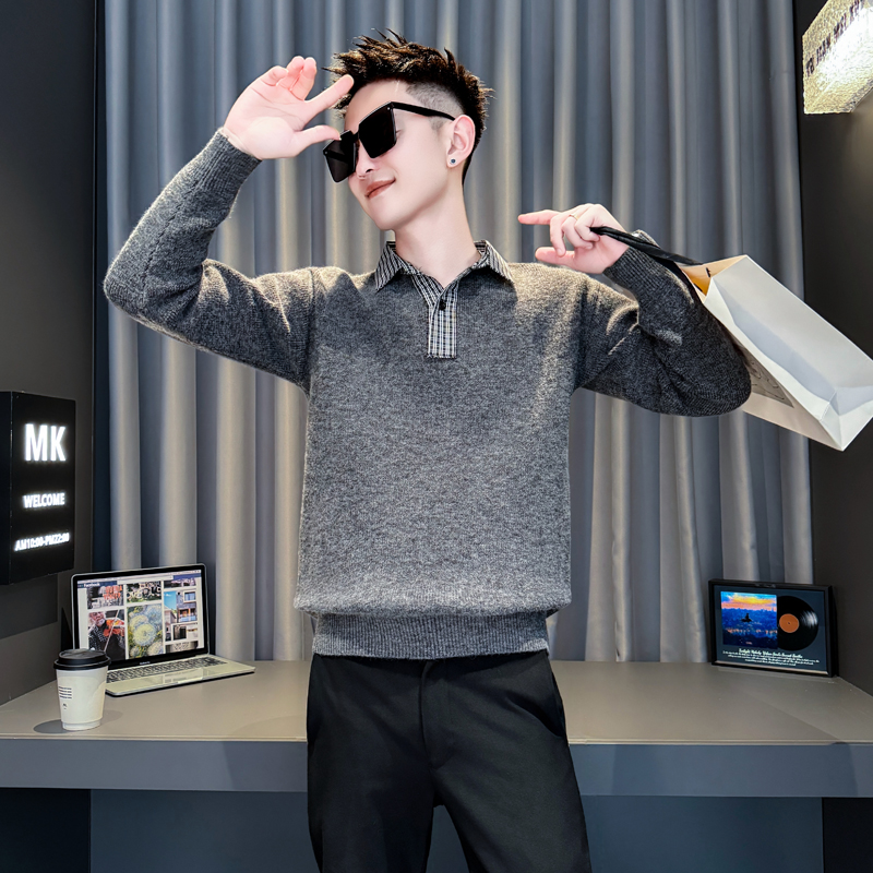 XS号小码男装潮流衬衫领针织衫