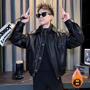 矮个子小码皮衣男秋冬加绒皮夹克短款翻领机车外套XS号PU假两件潮