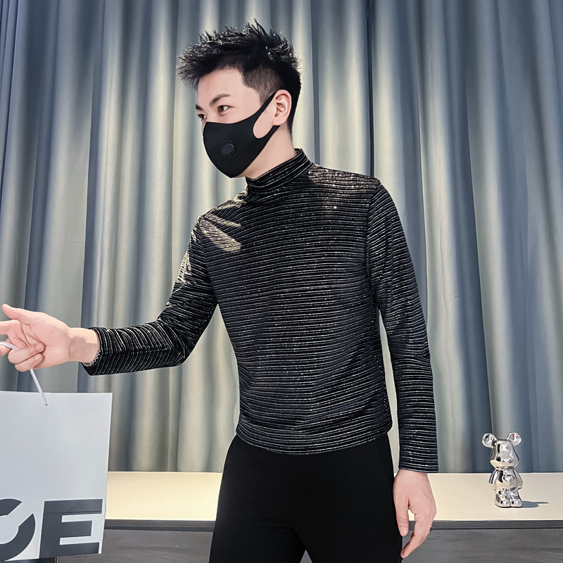 小码男装烫钻半高领修身打底衫