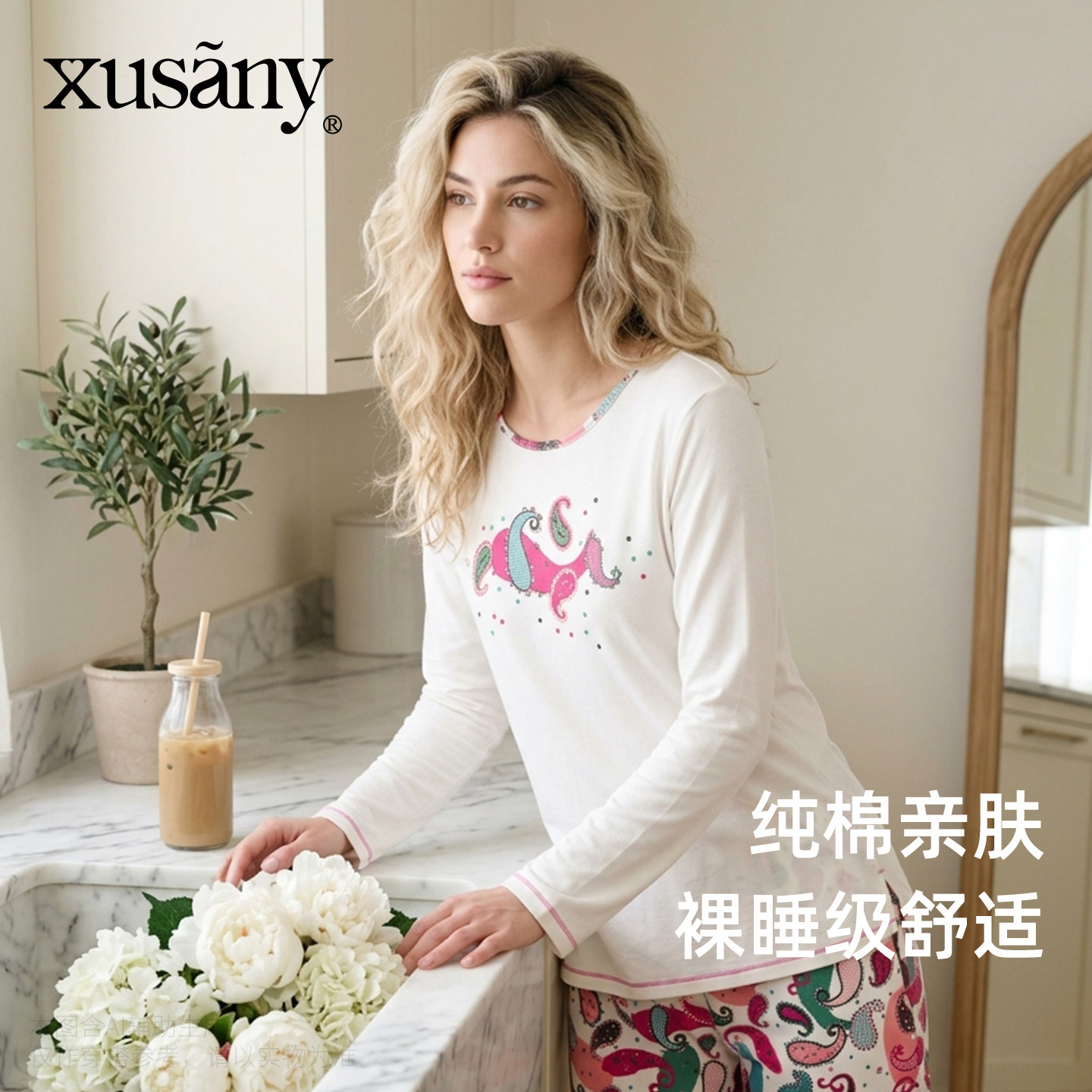 雪仙丽腰果花纹针织纯棉睡衣女秋季薄款长袖长裤家居服两件套装