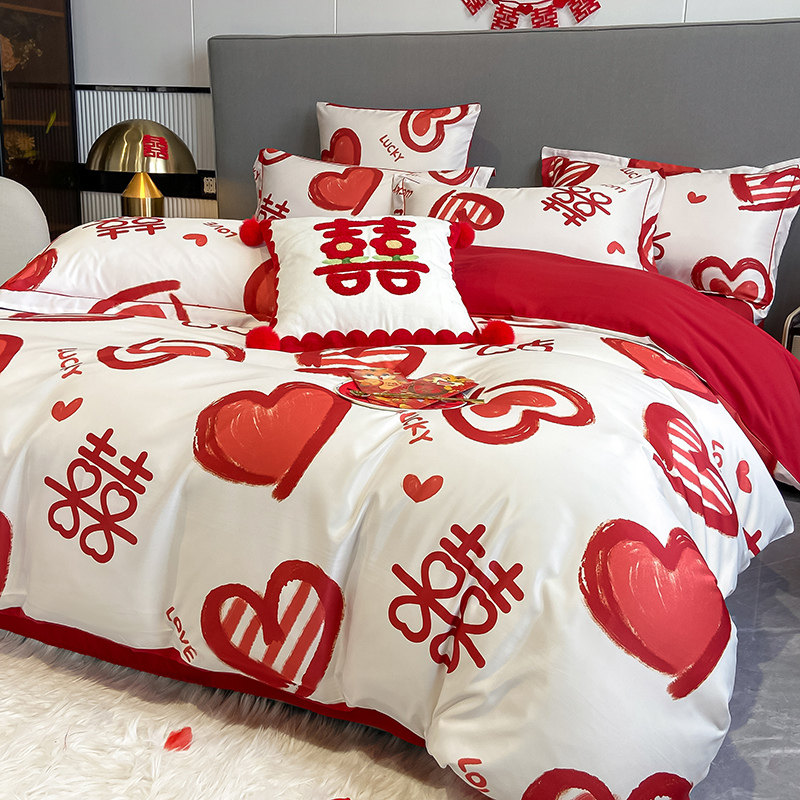 INS STYLE WEDDING FOUR-PIECE WEDDING BEDDING THICKENED RED QUILT COVER BED SHEETS NEWLYWED ROOM HAPPY TO BE MARRIED 4