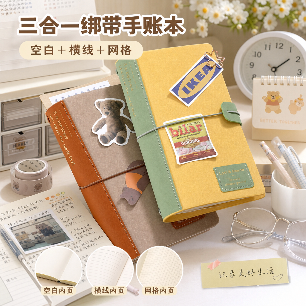 A6绑带手账本三合一内芯随身笔记本多功能文艺口袋记事本子高颜值韩系拼贴本ins风复古皮面学生打卡日记本
