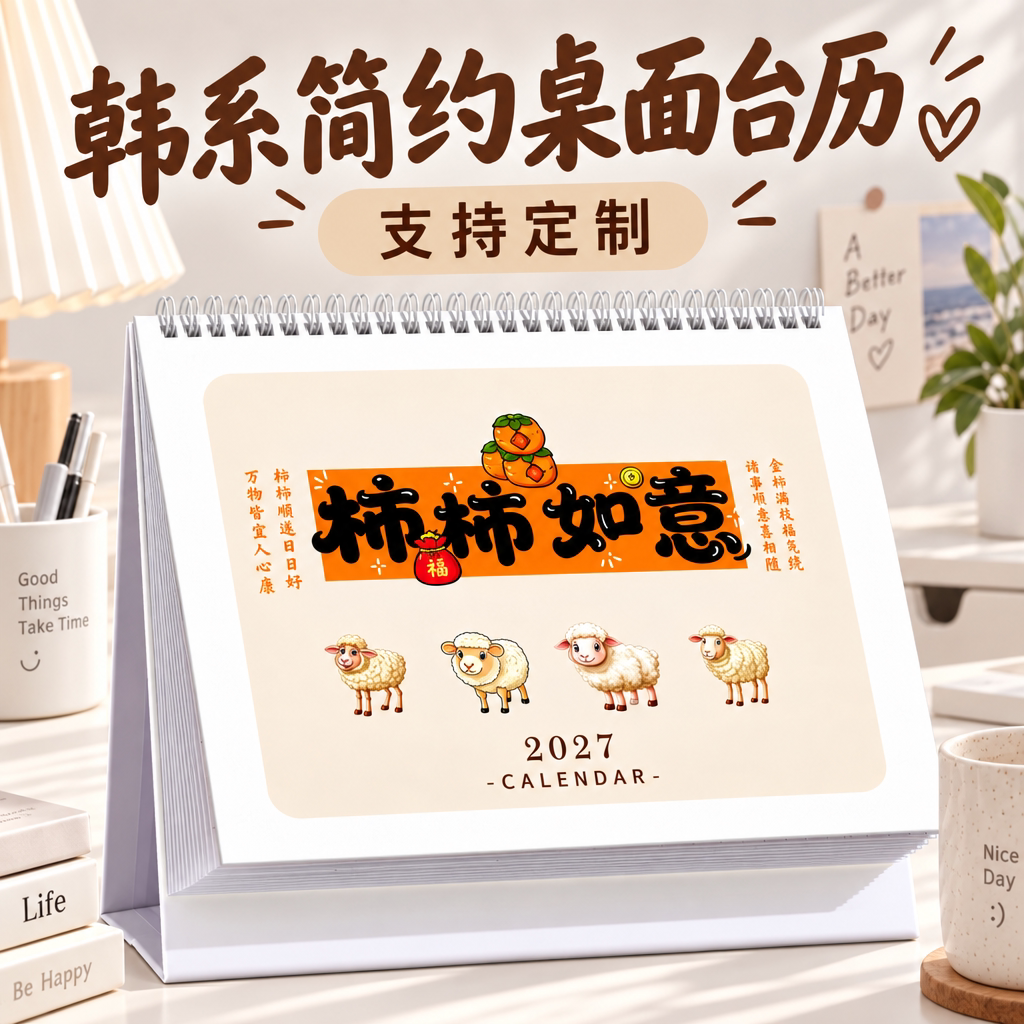 2027年台历韩系ins风桌面摆件创意卡通日历大号立式商务办公记事本高颜值月历备忘录双面印刷广告位定制logo