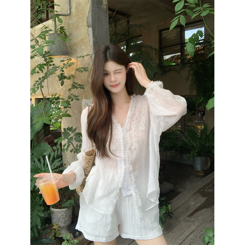 实价实拍~超仙0压感苎麻长袖气质木耳边小衫薄款防晒衬衫短裤套装