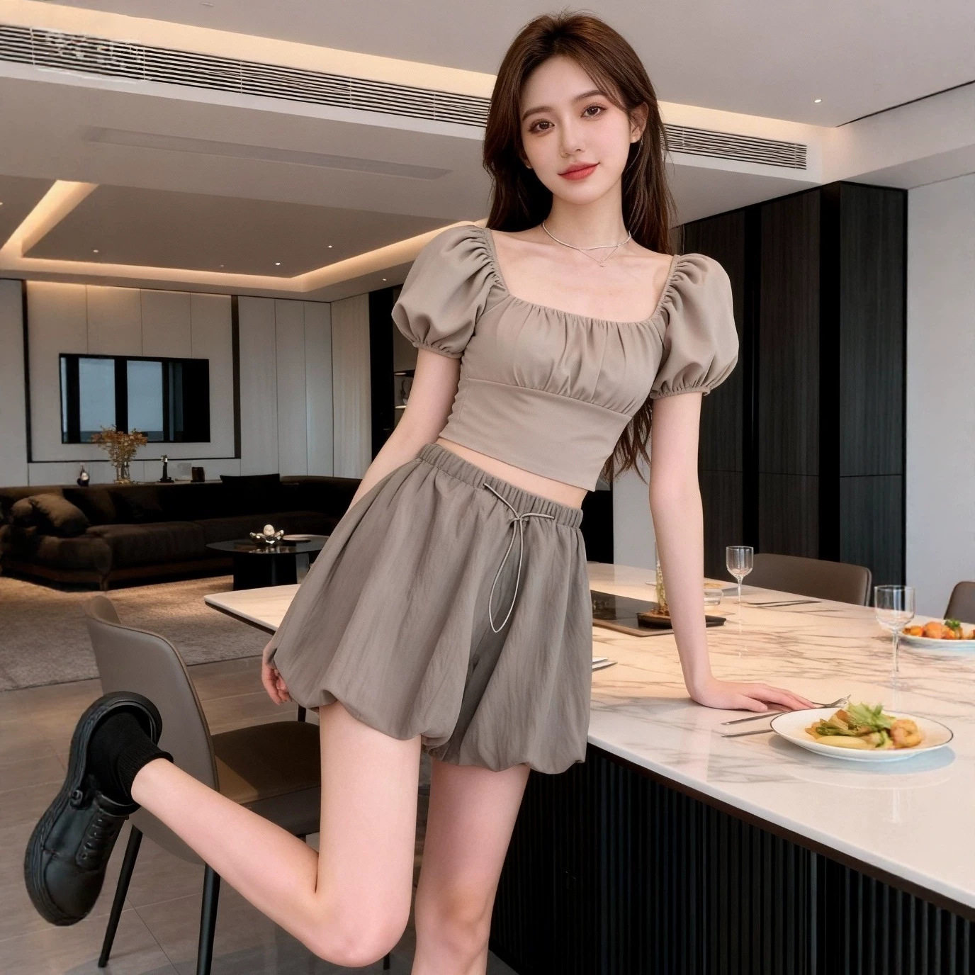 2026夏季新款显瘦方领泡泡袖短袖女搭配花苞高腰阔腿灯笼裙裤套装