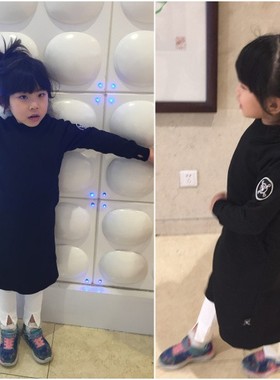 秋冬新款儿童连衣裙 黑灰色连帽袖章纯色连衣裙子 母女气质亲子装