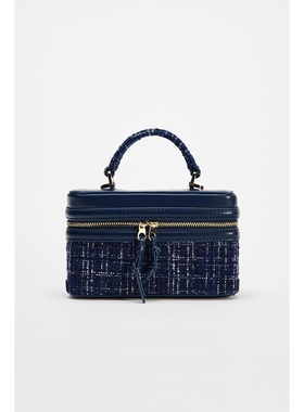 Z家2025冬季新品女包蓝色毛呢格纹盒子包时尚百搭手提斜挎小方包