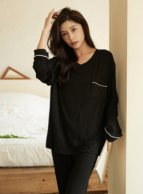 莫代尔睡衣女春秋冬季带胸垫长袖长裤两件套宽松大码可外穿家居服