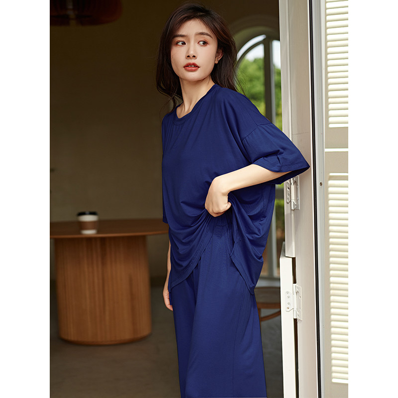 睡衣女夏季莫代尔简约七分裤两件套短袖带胸垫韩版大码薄款家居服