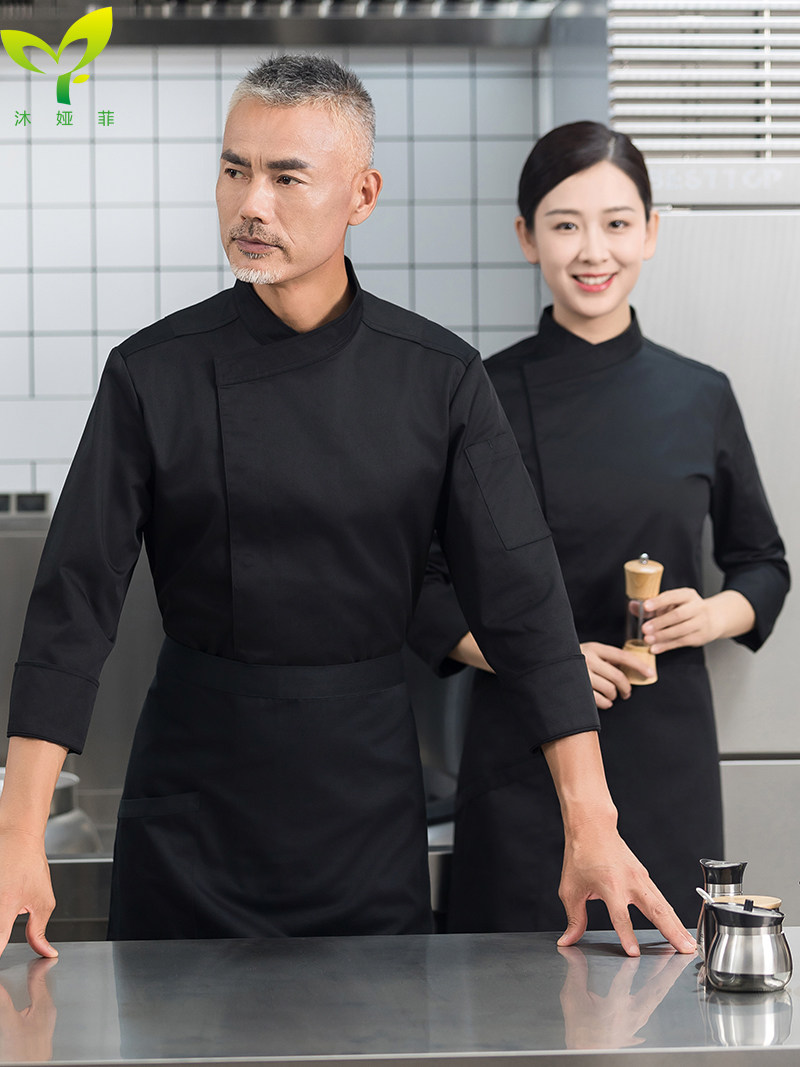 纯色暗扣双排扣酒店厨师服男加大餐饮厨师工作服长袖后厨房秋冬款