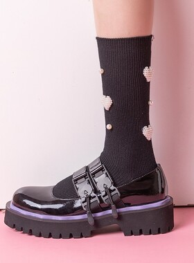 原创设计中筒黑白双色小腿袜纯棉瘦腿JK立体爱心珍珠袜四季款女袜