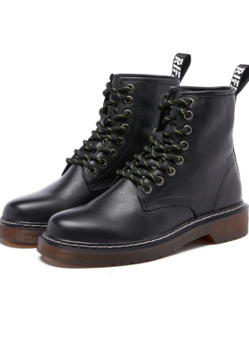 清仓168元酒红擦色硬皮中跟粗跟马丁靴女英伦风黑色软皮短靴女