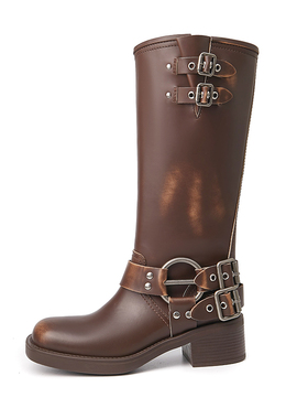STOOSHE西部牛仔靴女2023款复古高筒金属皮带扣方头骑士靴马丁靴