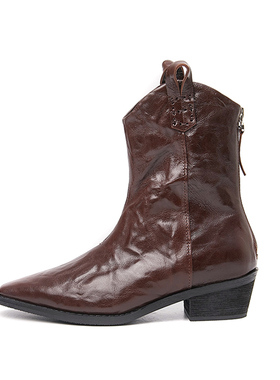 STOOSHE2023新款真皮粗跟中跟裸靴复古V口短靴百搭显瘦西部牛仔靴