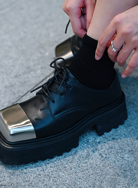 不退不换介意勿拍 真皮厚底百搭松糕鞋原创金属方头德比鞋单鞋