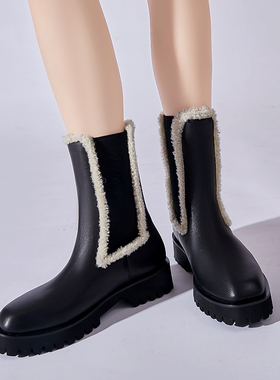 原创设计真皮马丁靴烟筒靴2022新款雪地靴方头厚底切尔西靴女短靴