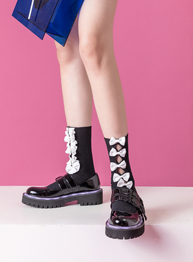 设计师品牌中筒袜女小腿袜纯棉瘦腿JK不对称镂空蝴蝶结四季款女袜