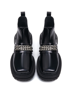 原创设计2023新款秋冬真皮链条厚底切尔西靴漆皮短靴个性机车靴女