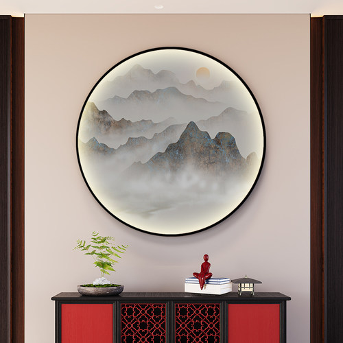 花新中式圆形客厅装饰画沙发后墙挂画餐厅走廊入口壁画书房墙