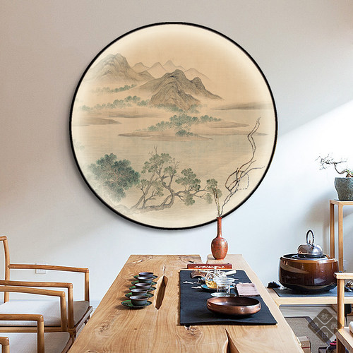 宋风美学，水杯饮料，圆入口装饰画，中式客厅背景壁画，走廊餐厅