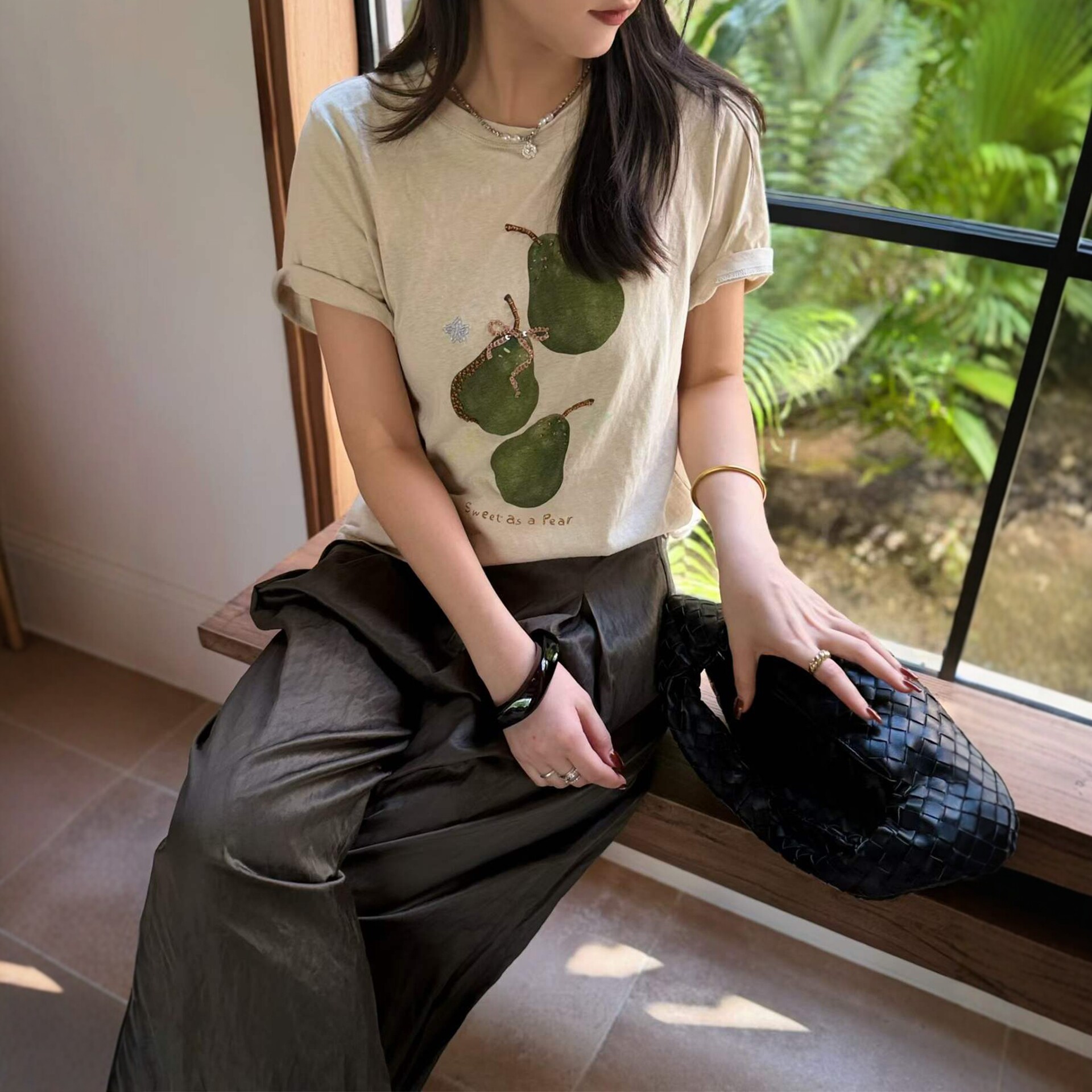 南油欧货2026早秋水彩梨子拼接蝴蝶结短袖T恤女圆领休闲修身上衣