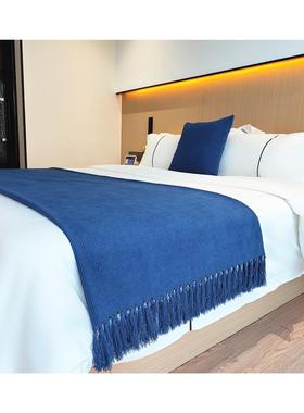 儿童房宝蓝色针织毯沙发盖毯搭巾民宿酒店装饰毯床尾巾床尾毯床旗