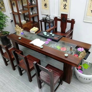 新中式 老船木高山流水茶台景观椅组合原木禅意桌茶几客厅家用简约