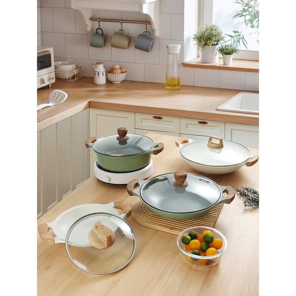 中式麦饭石双耳浅汤锅火锅不粘三汁焖锅家用平底锅炒锅电磁炉