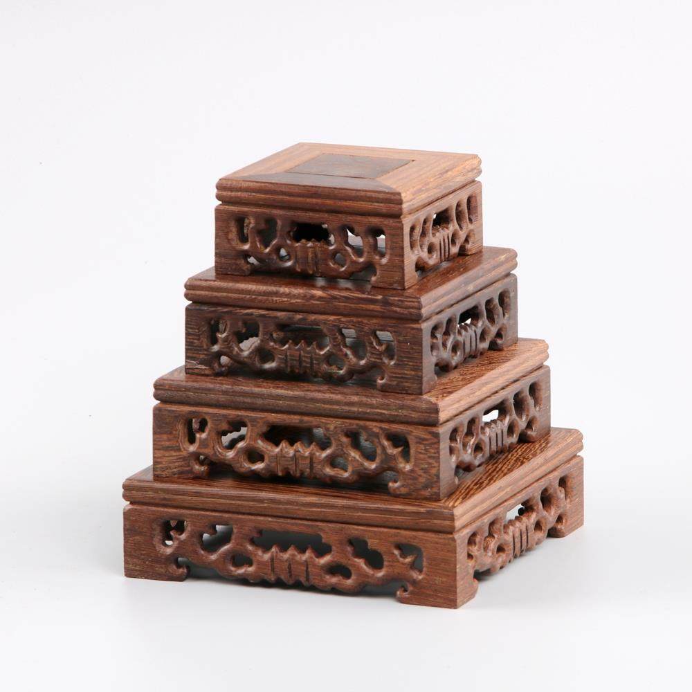 工艺品摆件奇石头花盆茶壶底座雕花镂空长方形红木鸡翅木底座实木