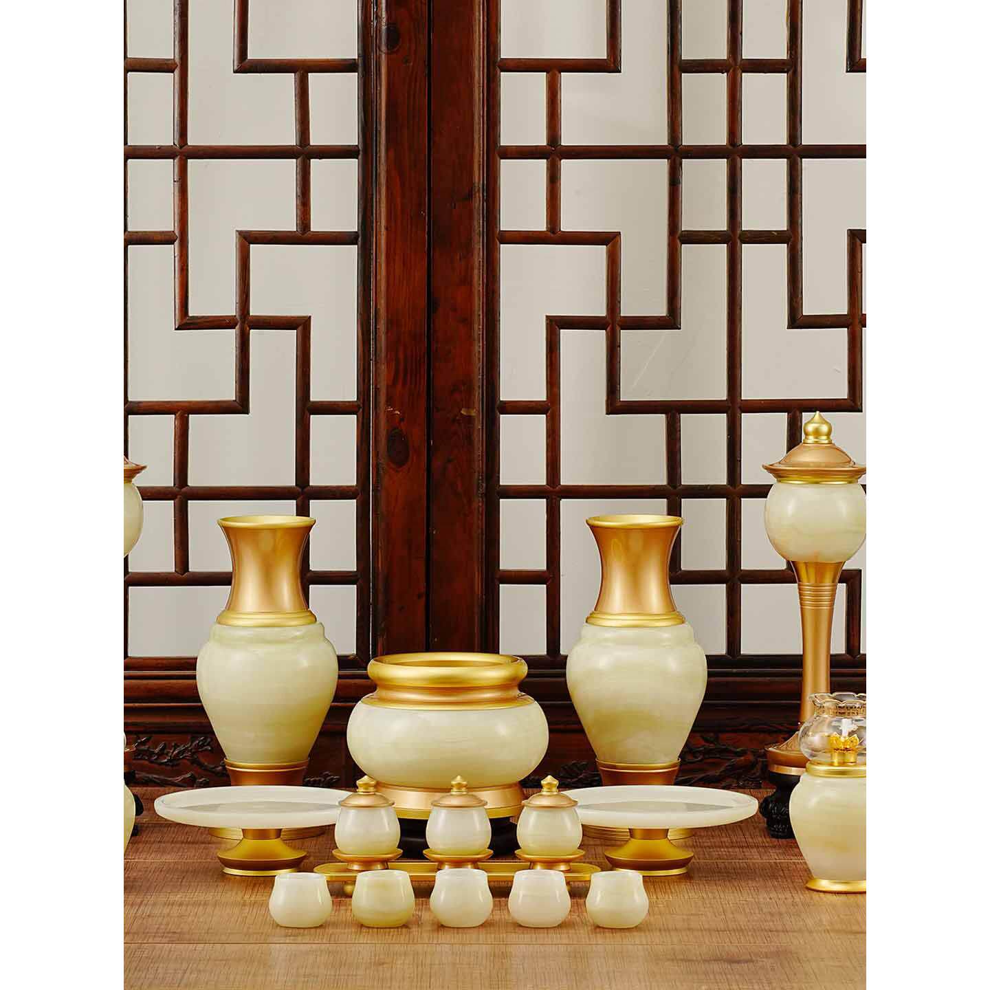 新款天然汉玉石佛具套装套家用供佛灯佛前香炉果盘水杯花瓶摆件