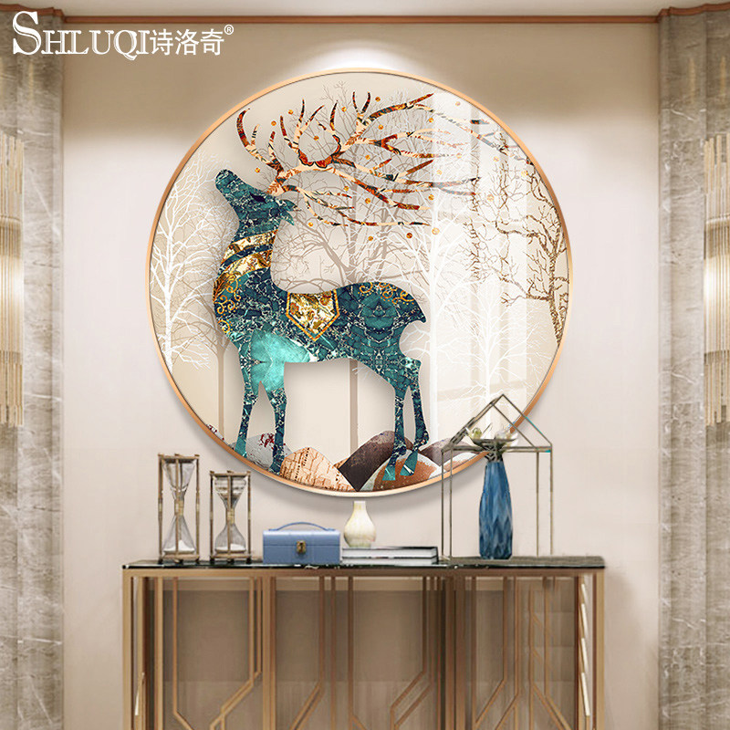 玄关圆形轻奢装饰画客厅走廊过道壁画手工镶嵌晶贝挂画现代晶钻鹿