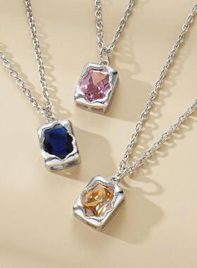 CASH COWS 原创方形宝石粉蓝橙锆石吊坠项链小众设计百搭高级感