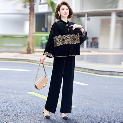 中老年妈妈印花上衣裤子两件套潮