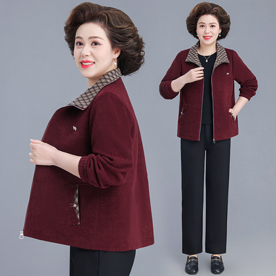 妈妈春装外套中老年灯芯绒女夹克