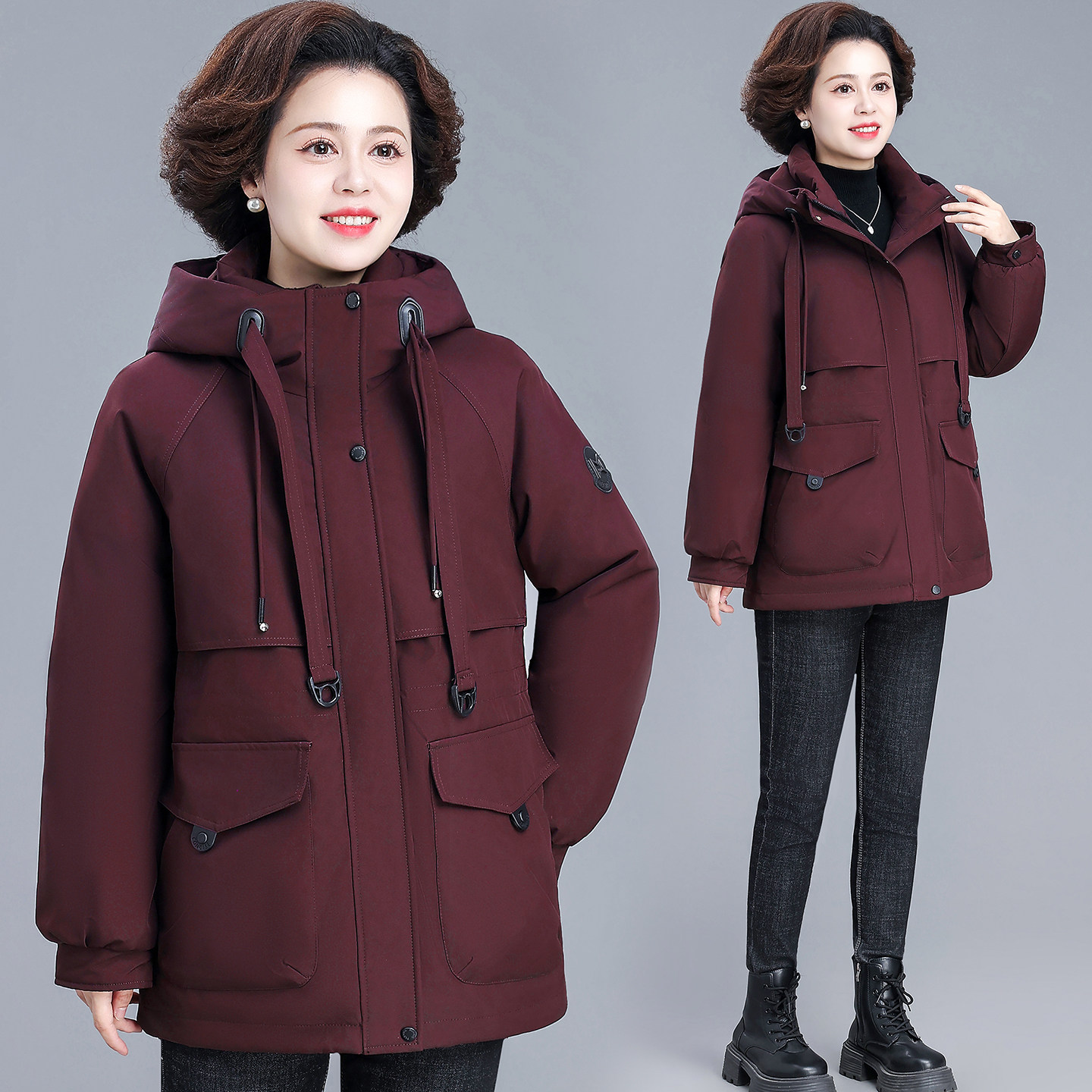 妈妈冬装冲锋衣连帽羽绒服女2025冬季新款中老年纯色白鸭绒派克服